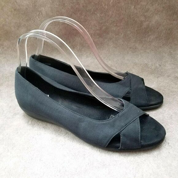 Aerosoles Womens Silver Platter  Sz 8.5 M Black Open Toe Low Wedge Sandals - Picture 1 of 10